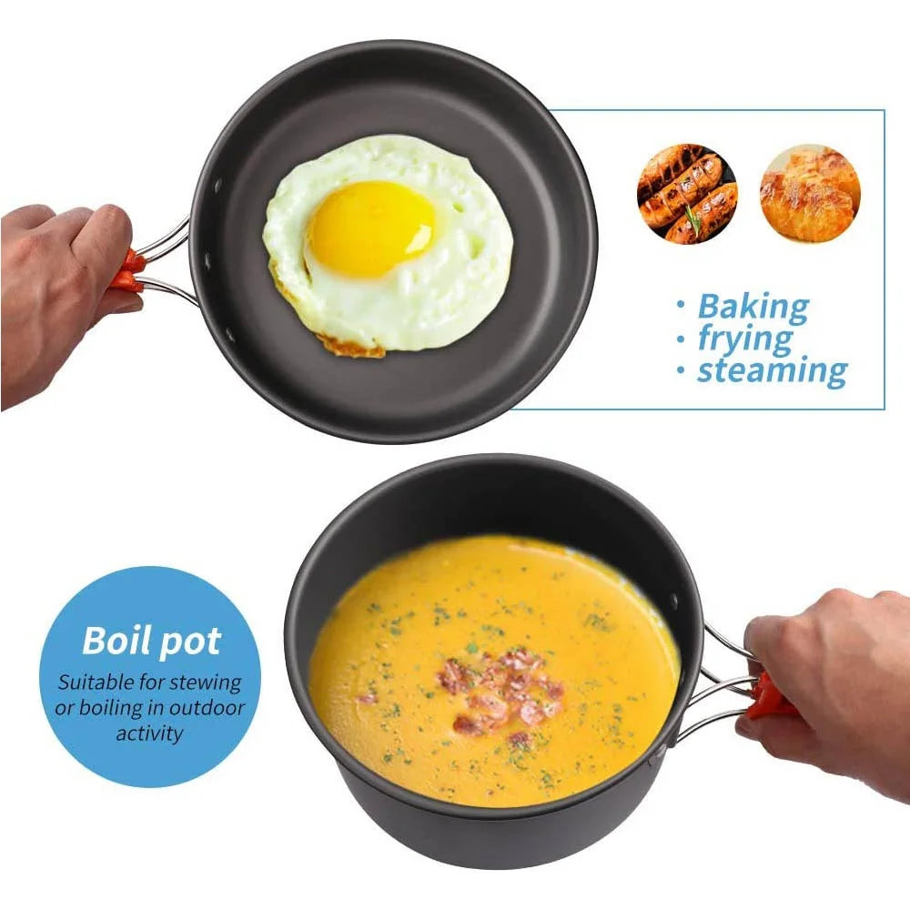 Portable Camping Cookware Set | Hard Aluminum Pots, Pan & Kettle for 2–4 People