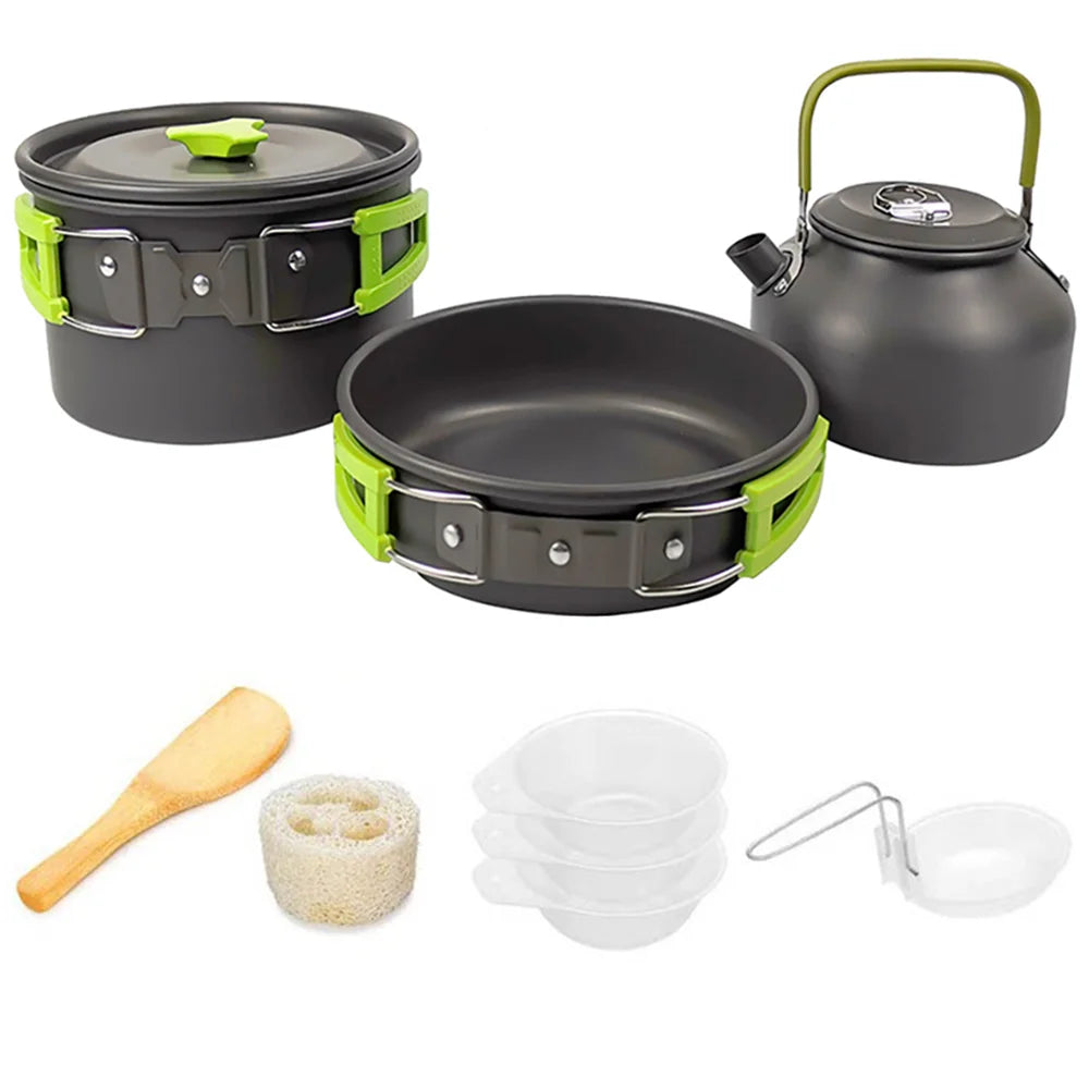Portable Camping Cookware Set | Hard Aluminum Pots, Pan & Kettle for 2–4 People
