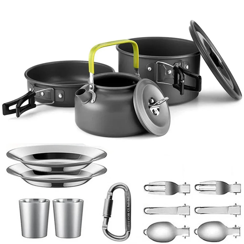 Portable Camping Cookware Set | Hard Aluminum Pots, Pan & Kettle for 2–4 People