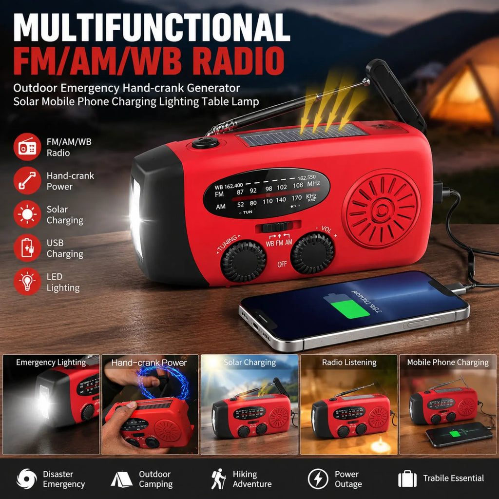Emergency Hand-Crank Solar Power Bank | AM/FM/WB Weather Radio