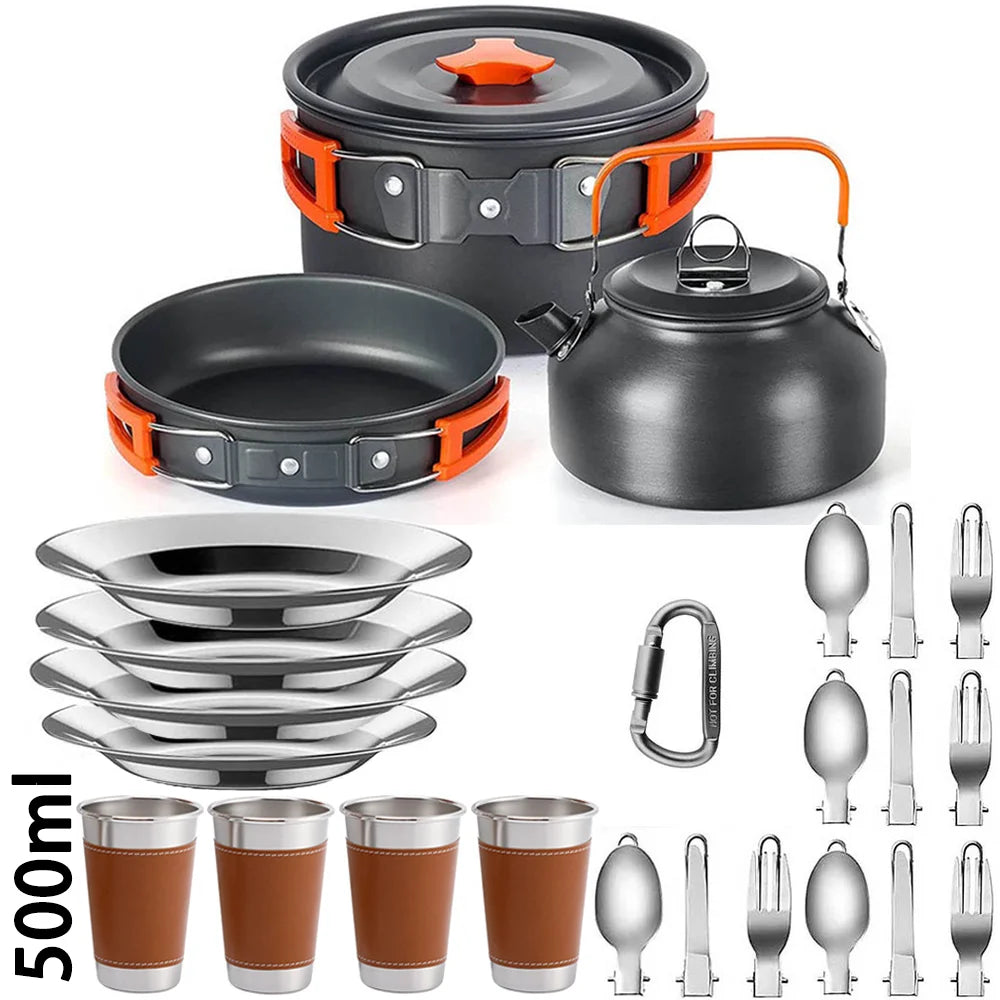 Portable Camping Cookware Set | Hard Aluminum Pots, Pan & Kettle for 2–4 People