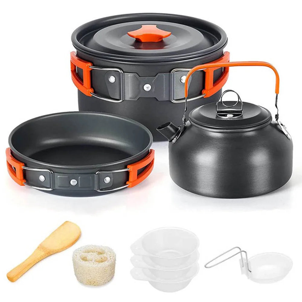 Portable Camping Cookware Set | Hard Aluminum Pots, Pan & Kettle for 2–4 People