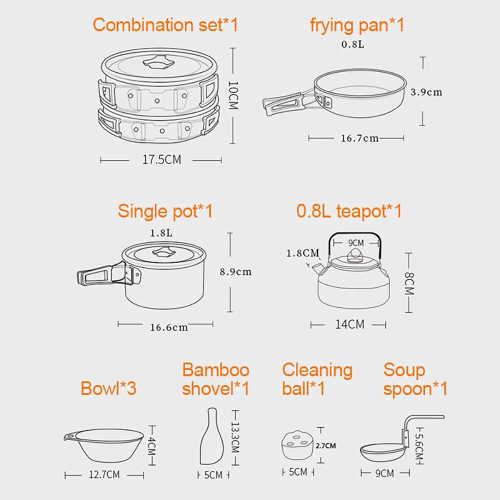 Portable Camping Cookware Set | Hard Aluminum Pots, Pan & Kettle for 2–4 People