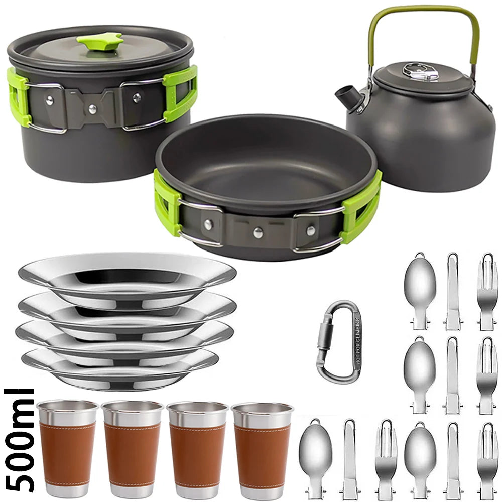 Portable Camping Cookware Set | Hard Aluminum Pots, Pan & Kettle for 2–4 People