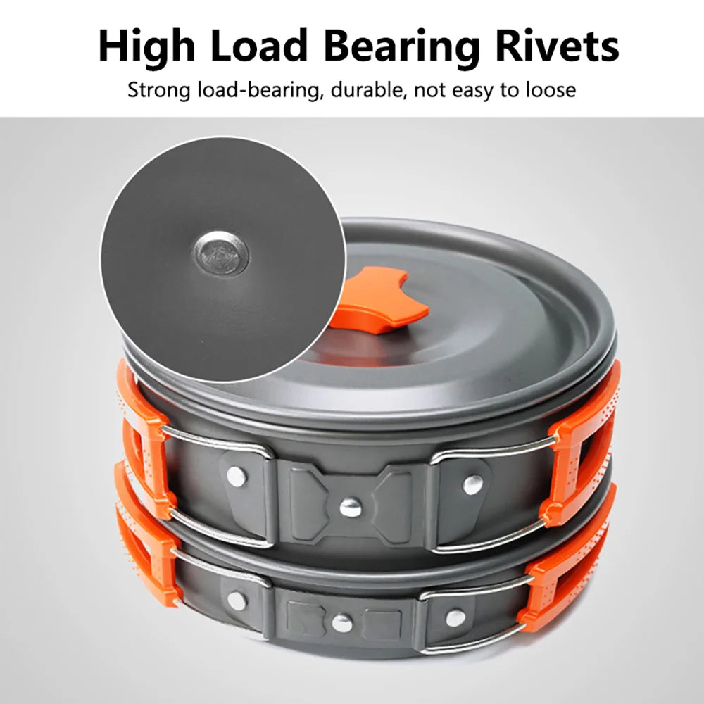 Portable Camping Cookware Set | Hard Aluminum Pots, Pan & Kettle for 2–4 People