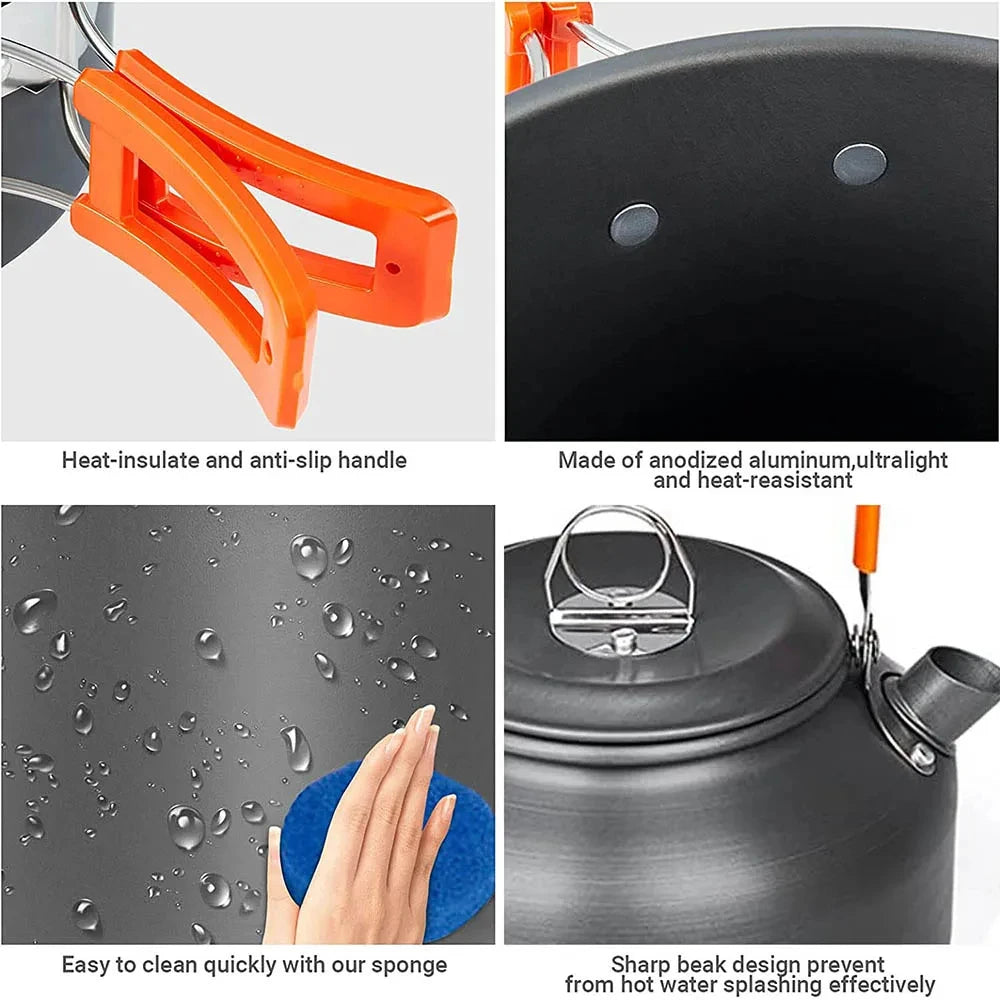 Portable Camping Cookware Set | Hard Aluminum Pots, Pan & Kettle for 2–4 People
