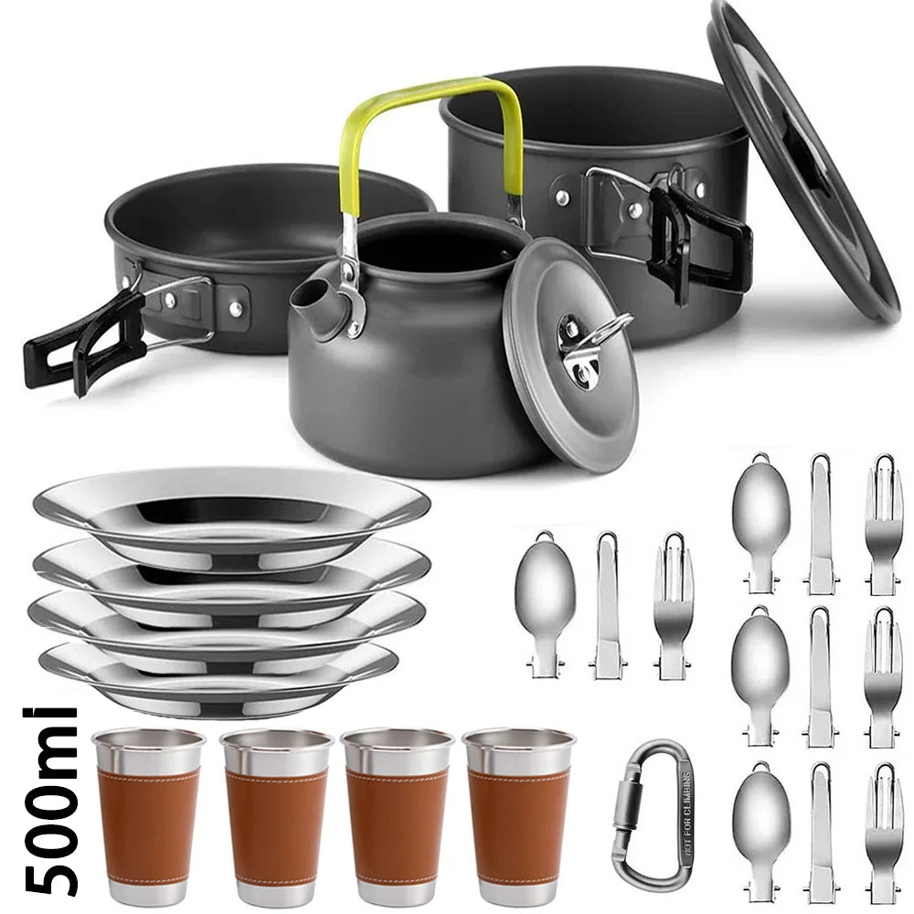 Portable Camping Cookware Set | Hard Aluminum Pots, Pan & Kettle for 2–4 People