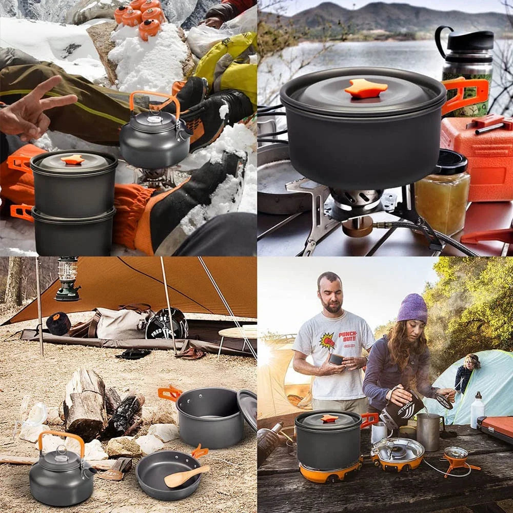 Portable Camping Cookware Set | Hard Aluminum Pots, Pan & Kettle for 2–4 People