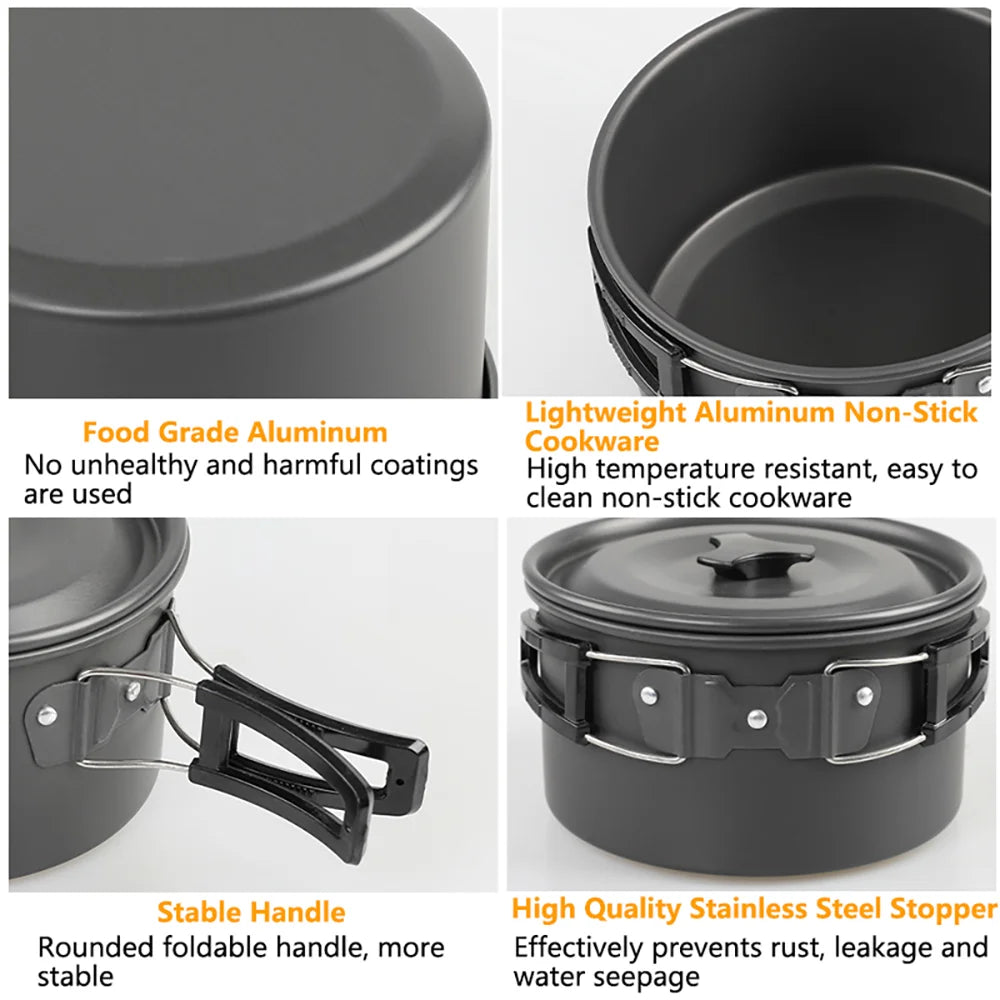 Portable Camping Cookware Set | Hard Aluminum Pots, Pan & Kettle for 2–4 People
