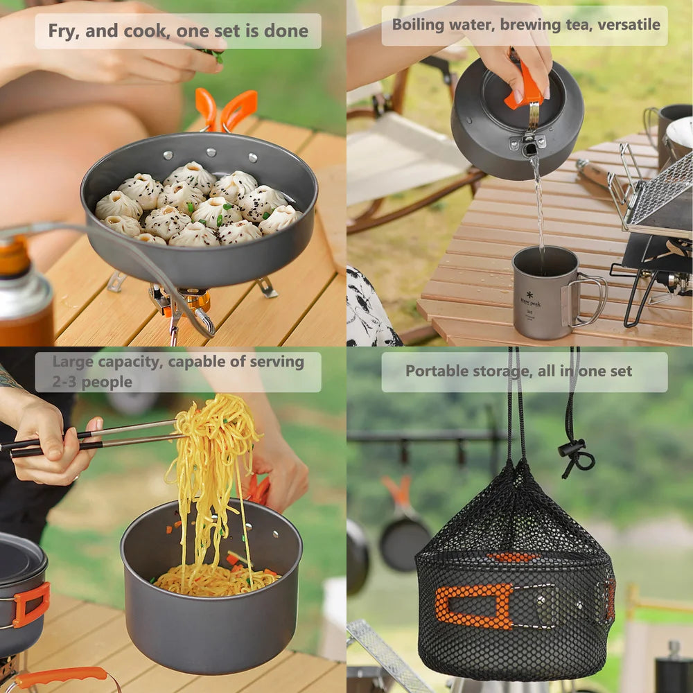Portable Camping Cookware Set | Hard Aluminum Pots, Pan & Kettle for 2–4 People