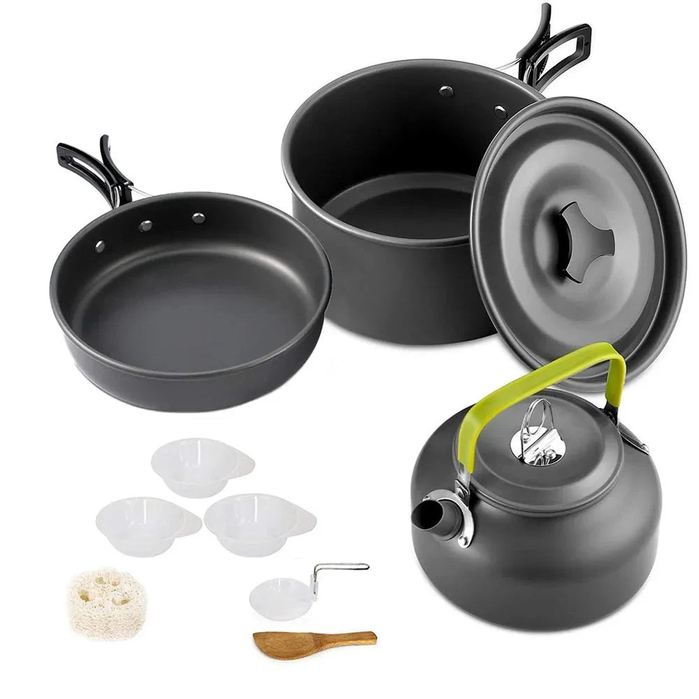 Portable Camping Cookware Set | Hard Aluminum Pots, Pan & Kettle for 2–4 People