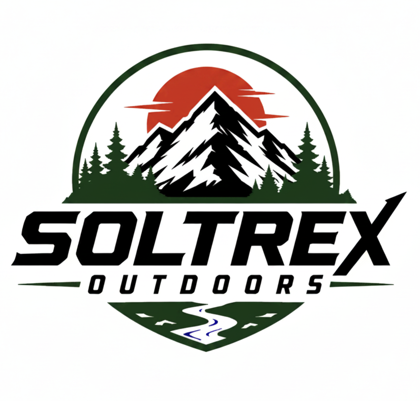 A circular outdoor logo featuring a mountain, pine trees, a red sun, and a river, with the text 'SOLTREX OUTDOORS' below on a white background.